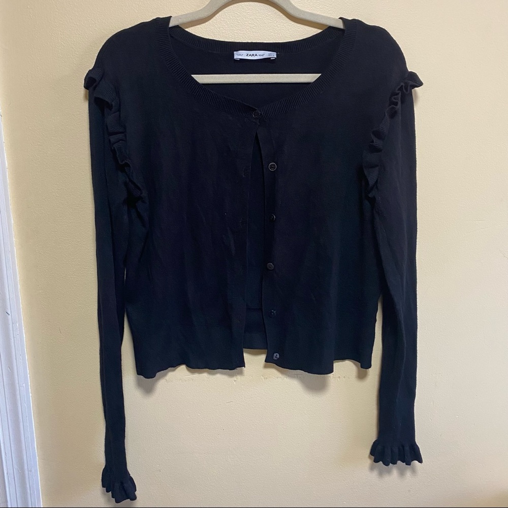 Zara Black Cardigan Ruffle Shoulders and Sleeves Size Large